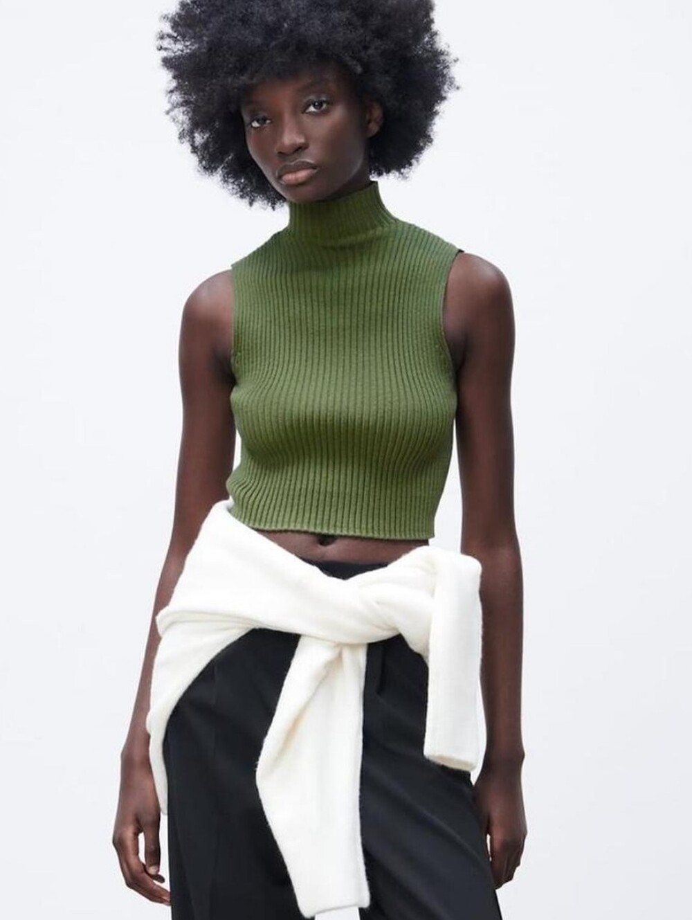 Zara Sleeveless Mock Neck Ribbed Crop Sweater - Olive Green Sleeveless Preppy S